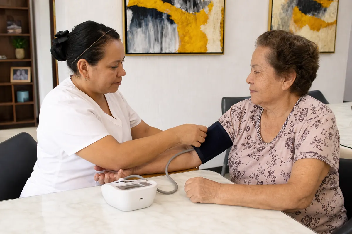 Cuidadora tomando la presión arterial a una adulta mayor en un asilo de Chihuahua
